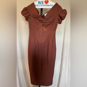 Yaura Brown Midi Dress with Puff Sleeves